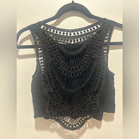 DIVIDED by H&M black crop top, size 12, knitted mesh mosaic see through back - Picture 1 of 8